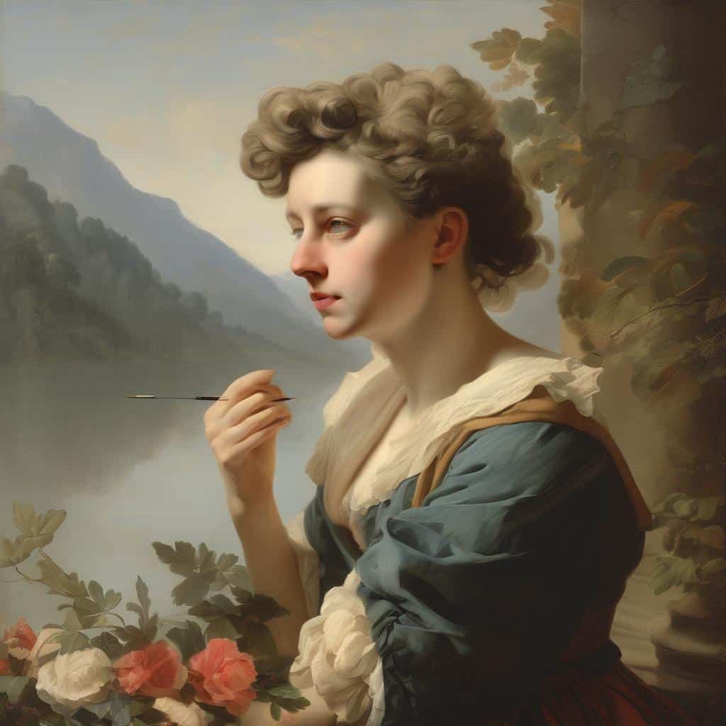 Ομορφη γυναικεία πορτρέτο με λουλούδια και φυσικό τοπίο, ρεαλιστική ελαιογραφία για σύγχρονη τέχνη και γλυπτική.