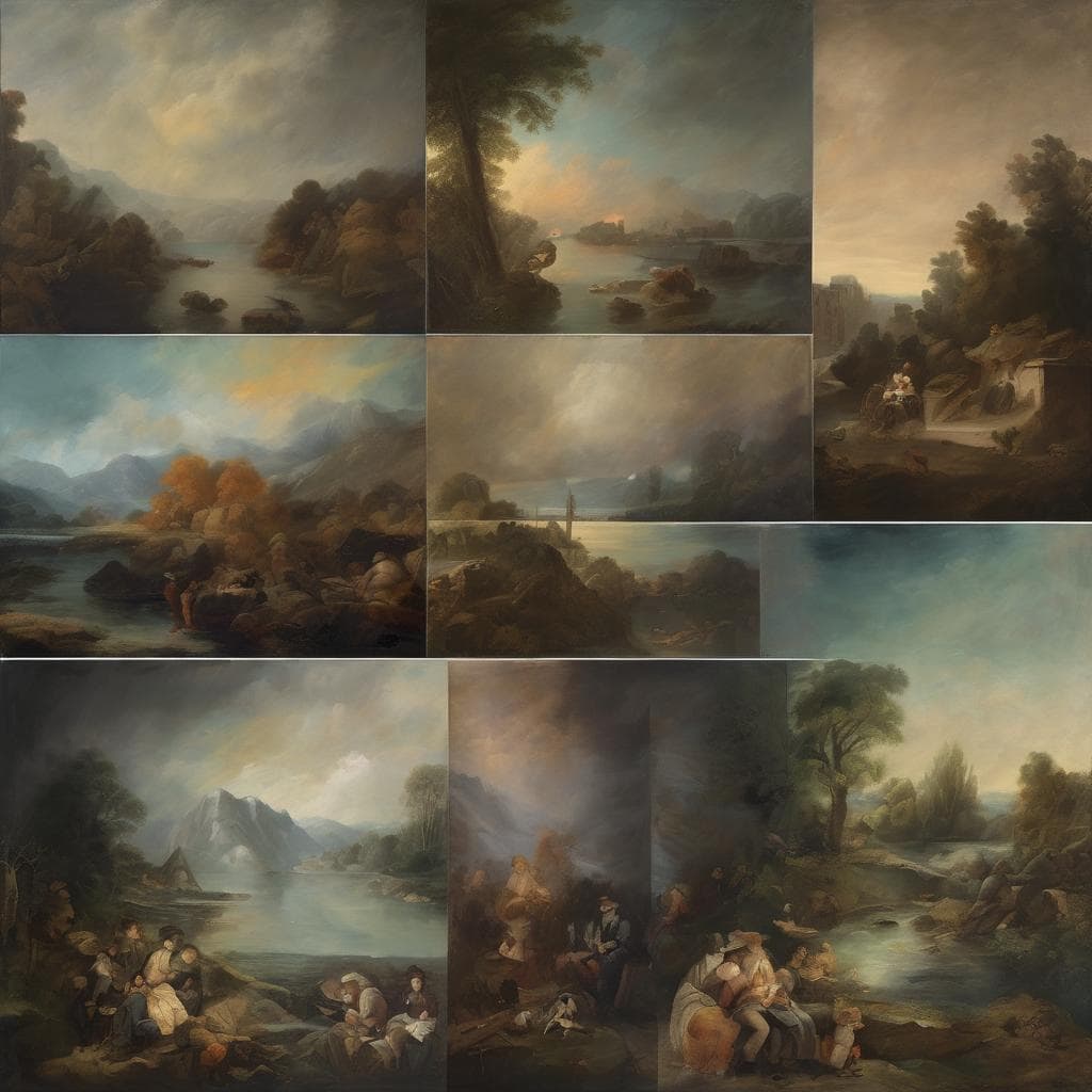 Παραδοσιακή τοπίο με ρομαντικά στοιχεία και σύγχρονη γλυπτική, αναδεικνύοντας τη σχέση τέχνης και φύσης.