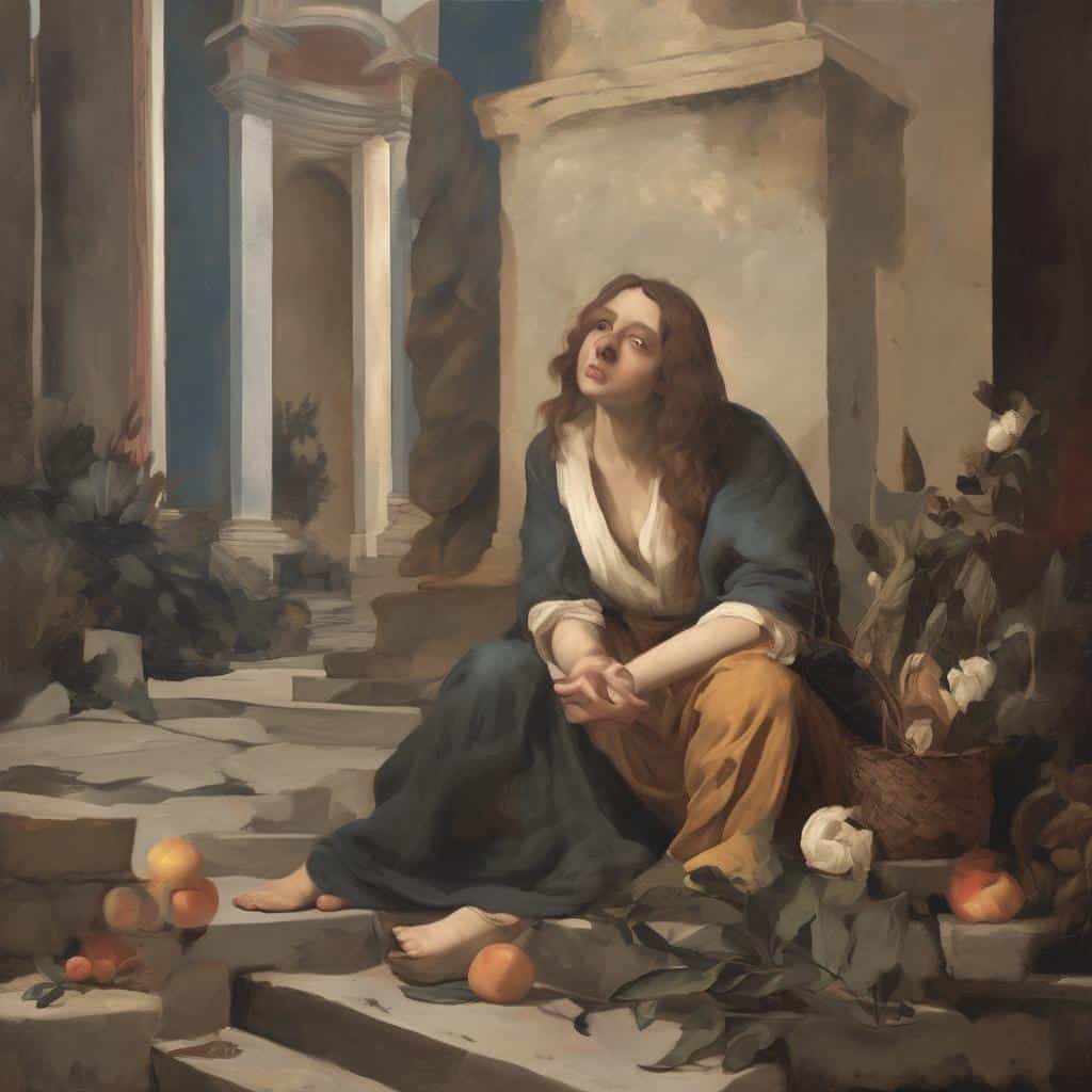Παραδοσιακή γλυπτική και σύγχρονη τέχνη στον πίνακα με γυναίκα σε ρωμαϊκή αρχιτεκτονική σκηνή.