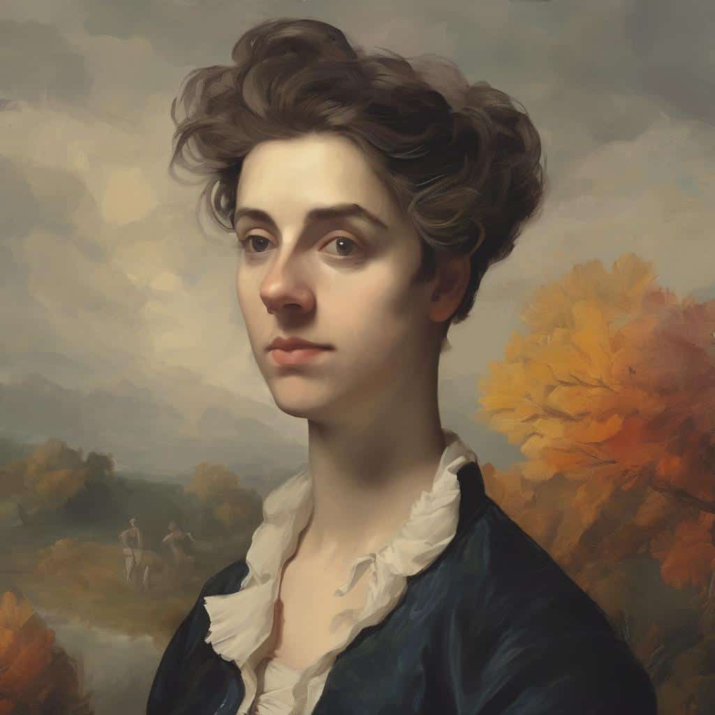 Ομορφη πορτρέτο γυναίκας με καστανά, σγουρά μαλλιά και ρεαλιστικό φόντο τοπίο.