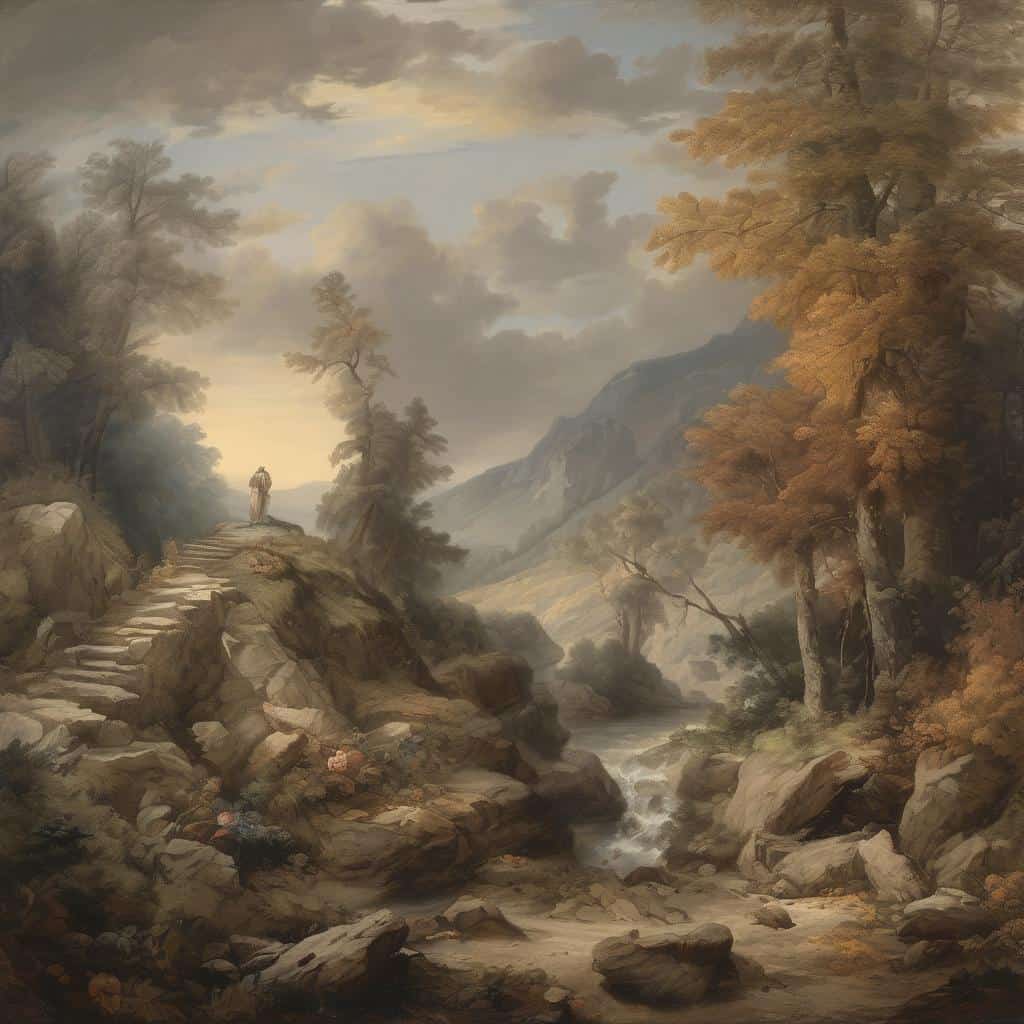 φωτογραφία τοπίου με βουνά και δέντρα σε φθινοπωρινά χρώματα, ήσυχη σκηνή φύσης με μονοπάτι και ροή νερού, εμπνευσμένο από την τέχνη και τη σύγχρονη γλυπτική.